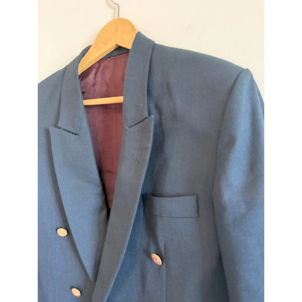 Vintage Mens Navy Blue Double Breasted Blazer Gold Anchor Buttons Nautical